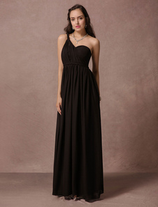 Noir de demoiselle d’honneur robe en mousseline de soie robe de soirée A ligne une épaule étage Back