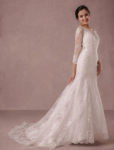 Sirène Robe de mariée longues manches dentelle Illusion dos appliques perles Tribunal Train