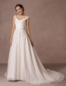 Robe de mariée mousseline dentelle appliques perles a-ligne de Train Chaple robe nuptiale