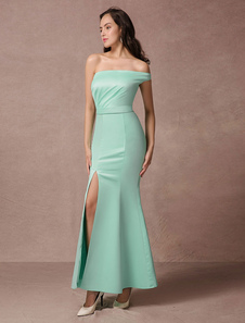 Robe de soirée éblouissante sirène Tissu de satin vert menthe fendu à une épaule longueur cheville