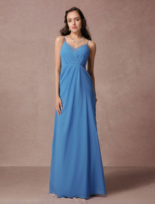 Robe sublime de soirée A-ligne en chiffon bleu avec dentelle à bretelles longueur plancher