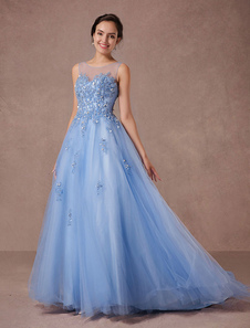 Dentelle bleue mariage robe Tulle robe de mariée Illusion décolleté appliques perles Pageant a-line 
