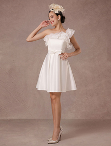 Robe Organza a-ligne une épaule volants Satin Mini mariée robe de mariée courte