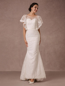 Mariage dentelle robe sirène robe de mariée Backless Illusion encolure Cour Train Bridal Gown plage 