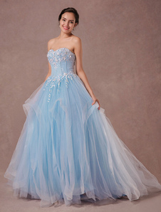 Bleue robe dentelle perles Tulle robe de mariée chapelle Train Sweetheart bretelles robe de Quincean