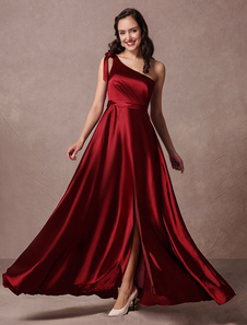 Robe de soirée satin Bourgogne une épaule A ligne étage longueur Split Party Dress