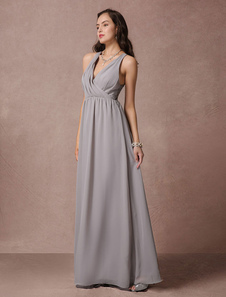 Robe sublime de soirée A-ligne en chiffon gris avec dentelle col V longueur plancher