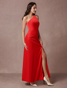 Robe élégante de soirée fourreau Tissu de satin fendu à une épaule longueur cheville