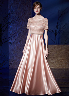 Dentelle robe de soirée manches courtes Satin parole longueur a-ligne mère de la robe de mariée