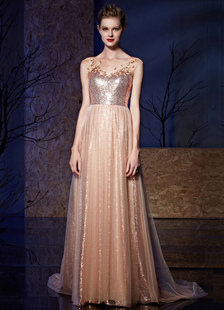 Paillettes robe de soirée-parole longueur Tulle Cap broderies robe de bal dos détail