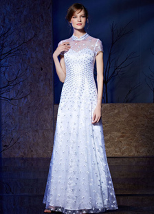 Tulle broderies robe de soirée a-ligne rez-longueur Stand Collier perles Illusion mère de la robe de