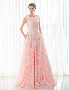 Rose mariage robe dentelle a-ligne de Train Tribunal sans manches lacets robe de mariée avec poches