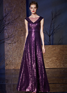 Plafond de robe de soirée paillettes manches v-cou-parole longueur robe de partie a-line