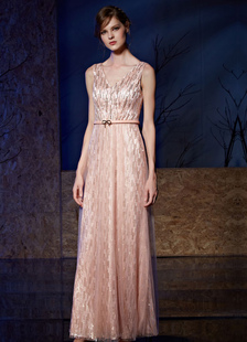 Paillettes robe de soirée v-cou a-ligne rez-longueur Maxi Sleevelss Party robe en dentelle