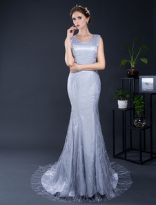 Robe de soirée gris sirène dentelle sans manches Cour Train mère de la robe de mariée