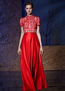 Dentelle robe de soirée strass Sash étage longueur Satin A ligne robe