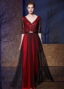 Paillettes robe de soirée Tulle une ligne-parole longueur moitié manches col v mère de la robe de ma