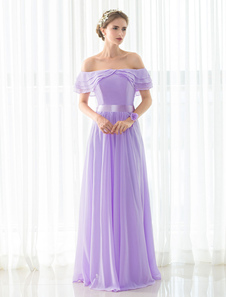 Mousseline de demoiselle d’honneur robe lilas Off-the-shoulder rez-longueur Backless Sash Satin robe