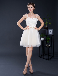 Dentelle robe courte Tulle bretelles Sweetheart Mini robe de mariée trapèze volant manches Homecomin
