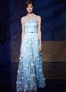 Robe de soirée bleu dentelle fleur 3D Applique Tulle-parole longueur robe Party avec ceinture