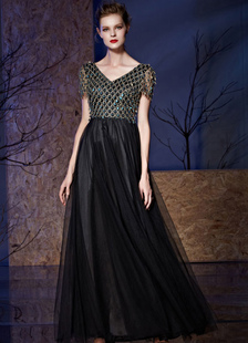 Robe de soirée noire paillettes manches courtes Tulle a-ligne étage longueur robe de partie
