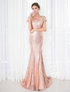 Paillettes robe de soirée sirène Tribunal Train Backless manches courtes Vintage Red Carpet Dress