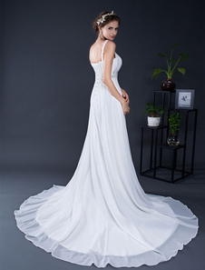 Mariage en mousseline de soie robe dentelle perles Strapls Tribunal Train robe de mariée a-line