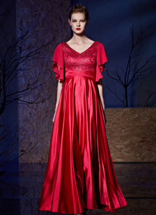 Robe de soirée rouge dentelle v-cou-parole longueur volants manches a-ligne mère de la robe de marié