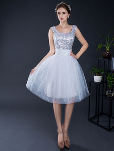Courte robe Sequin Tulle Homecoming robe lacets mi-longues-Graduation robe de bal