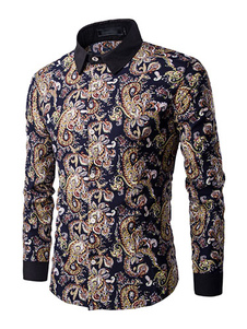 Chemise homme en coton bleu marine foncé multicolore manches longues