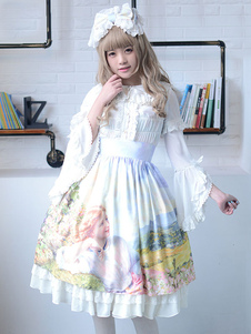 Jupe lolita magnifique bleu claire douse en lin de coton impression à volants