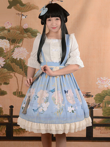 Sweet Lolita Robe JSK bleu volants imprimés Croix Lolita retour mousseline Jumper Skirt