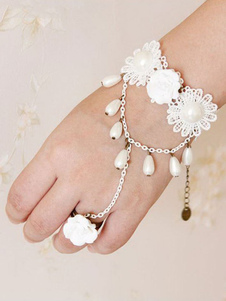 Sweet Lolita Bracelet blanc en dentelle perles chaîne Applique Lolita accessoires avec anneau