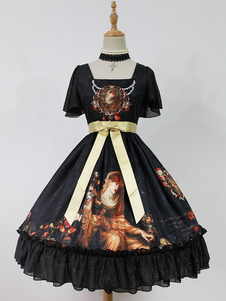 Robe lolita attirante en chiffon noire impression avec noeud douse col carré