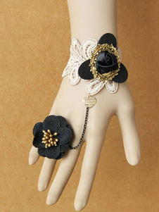 Gothic Lolita Bracelet dentelle blanche fleur noir Charm Bracelet bague sertie