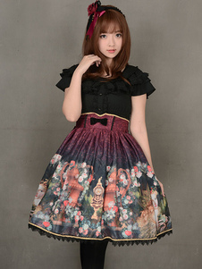 Jupe lolita magnifique bordeaux douse en soie impression avec noeud