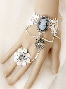Sweet Lolita Bracelet dentelle blanche chaîne en métal strass Lolita accessoires avec bague fleur