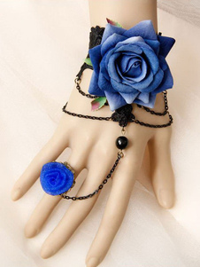 Bracelet Sweet Lolita noir dentelle et fleur bleue chaîne en métal perles Lolita accessoires avec an