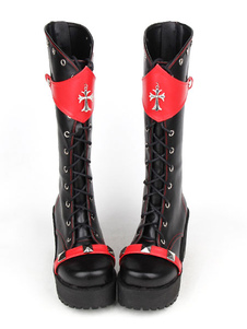 Bottes de lolita noires en patchwork à talons épais