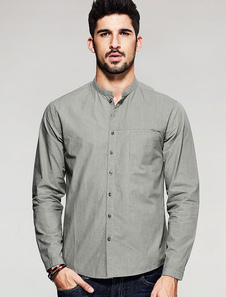 Chemise grise Stand col manches longues hommes chemise en coton avec des boutons de mise en forme