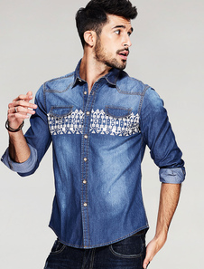 Denim chemise manches longues col Turndown bleu hommes imprimé chemise en coton