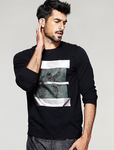 Noir Crewneck imprimé chemise à manches longues T coton Sweatshirt homme