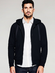 Noir à capuchon manches longues Drawstring fermeture éclair Sweat-shirt hommes Sweatshirt occasionne