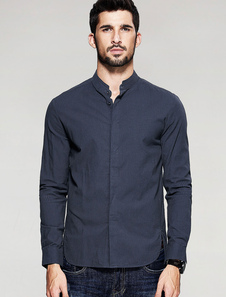 Casual chemise bleu Royal Stand collier bouton avant coton chemise à manches longues homme