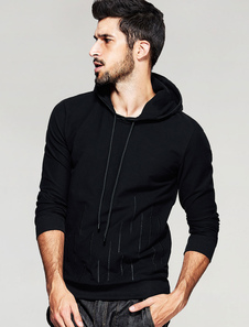 Pull noir Long Hoodie manches Drawstring façonnage Sweat-shirt coton pour hommes