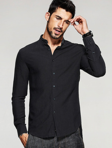 Chemise Casual noire Stand Collier boutons devant Slim Fit chemise à manches longues pour hommes
