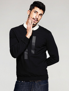 Pull noir Crewneck Sweatshirt manches longues façonnage haut en coton pour hommes