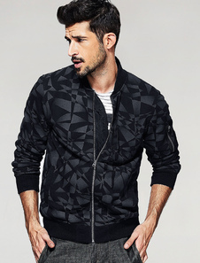 Veste noire coton manches longues géométrique Stand col du manteau à capuche hommes