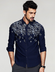 Chemise bleue col Turndown manches longues hommes imprimé chemise Casual façonnage