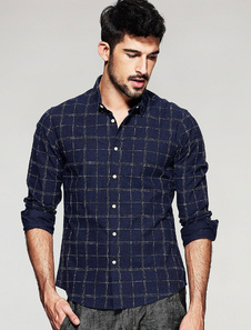 Coton Chemise col Turndown marine foncé manches longues Casual chemise à carreaux hommes